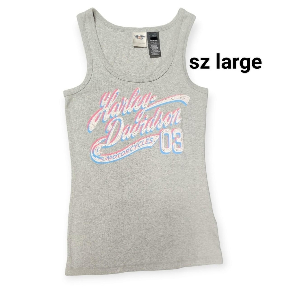Y2K Harley Davidson Gray Pink Blue 2003 Sz Large Jeweled Logo Tank Top
